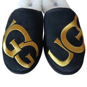 UGG SCUFF LOGO BLACK & GOLD SHEARLING SLIPPERS MEN'S NEW IN BOX
